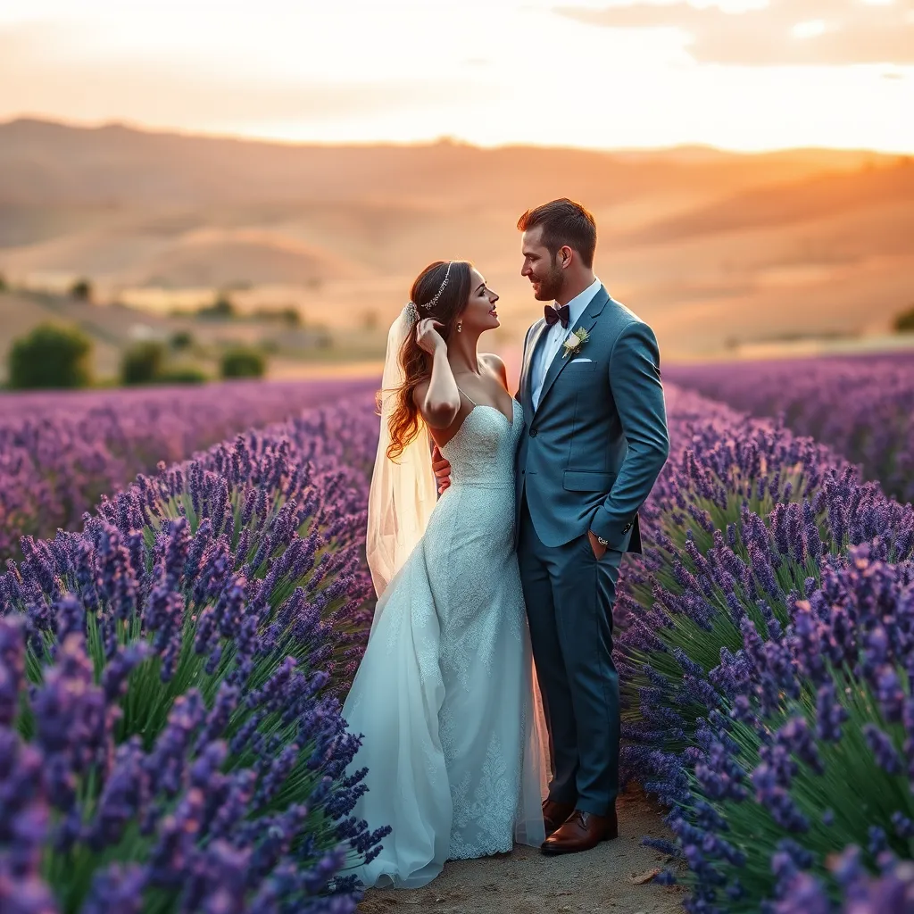 A bride and groom in wedding attire standing amidst a picturesque lavender field in Provence at golden hour, with rolling hills and vineyards in the background, rich in purple hues and touched by soft, warm sunlight.