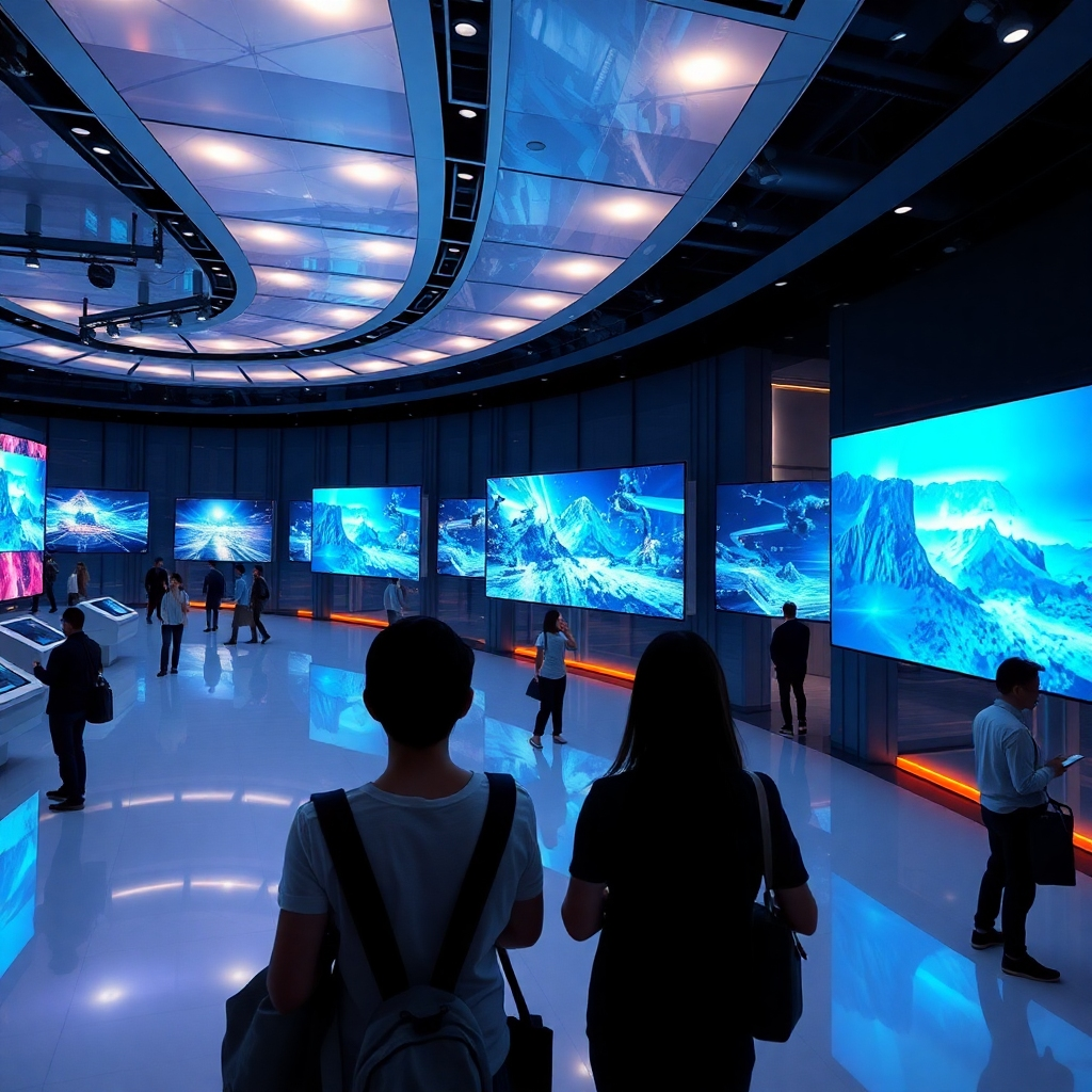 A captivating visual of a digital landscape showcasing multiple screens broadcasting various virtual exhibitions. The environment should have a sleek, modern design with dynamic lighting emphasizing the screens. Users should be seen engaging from different locations, indicating accessibility. The composition might include moving graphics to illustrate the fluidity of online presence. Style references could involve digital marketing visuals. Technical specs: 8K resolution, hyperrealistic.