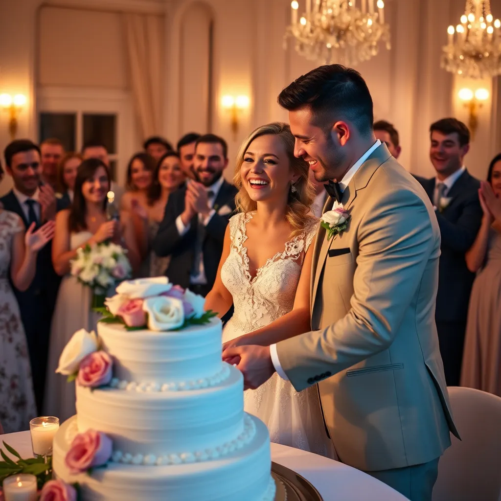 A captivating wedding video scene showing a bride and groom laughing as they cut the cake, with guests joyfully cheering in the background. The atmosphere should be warm and romantic, with soft lighting and beautiful floral arrangements around.