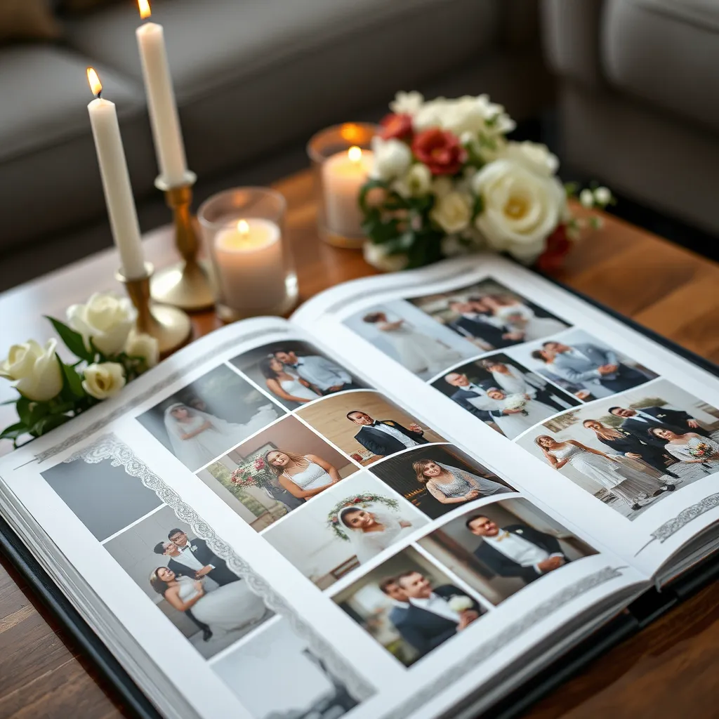 A close-up of a wedding photo album on a coffee table, showcasing a variety of wedding photos arranged in chronological order. The album has intricate details on the cover and surrounded by decorative items like candles and flowers.