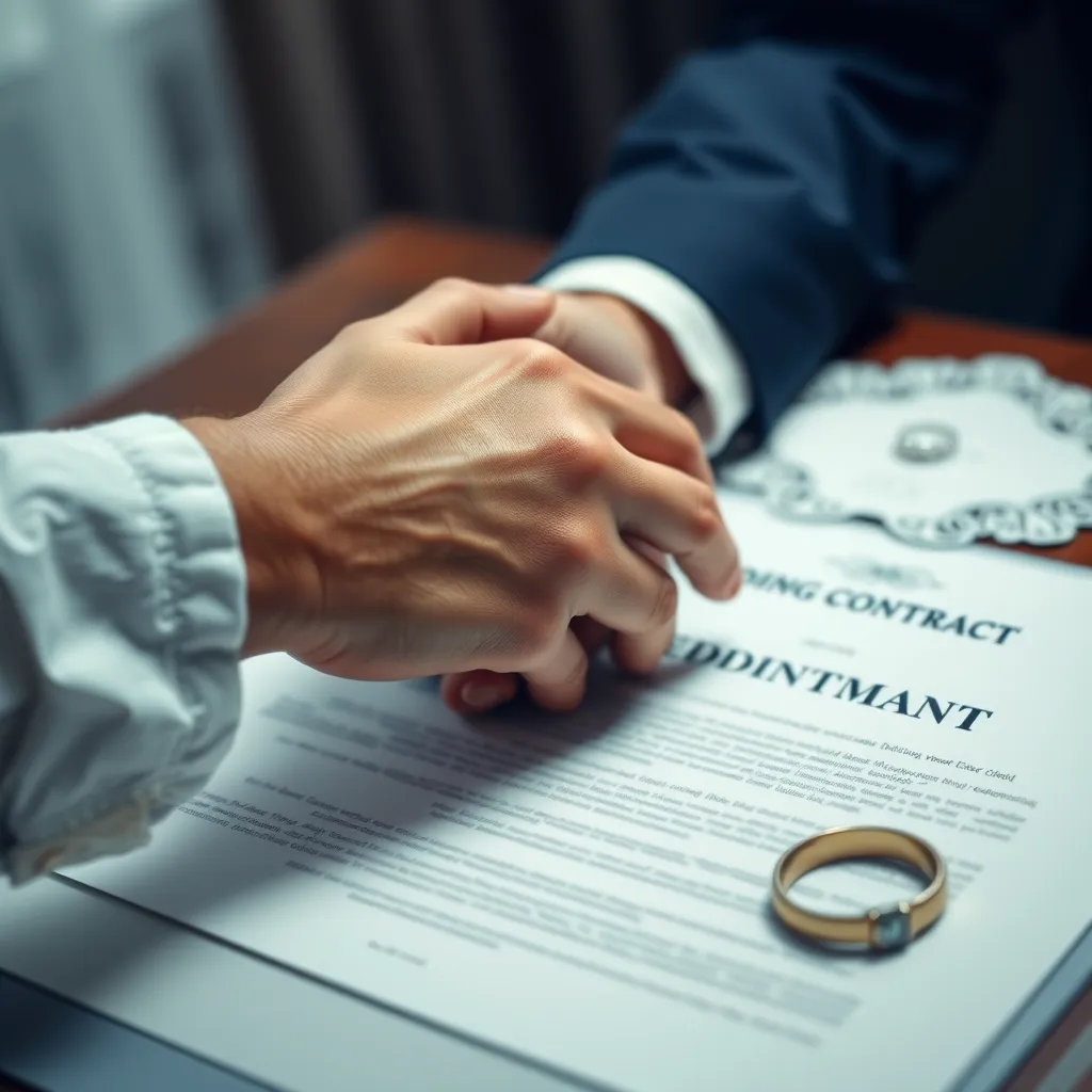 A close-up of hands shaking over a wedding contract, symbolizing agreement and trust. Background elements should include a wedding ring and a soft-focus wedding invitation, conveying a sense of partnership and understanding.