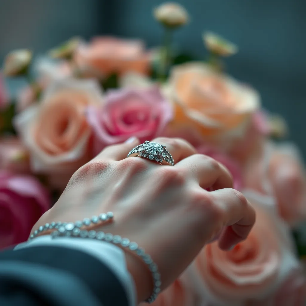 A close-up shot of an intricately designed wedding ring being placed on a bride's finger, with a blurred background of beautiful flowers, symbolizing the beginning of a new journey and the uniqueness of their love story.