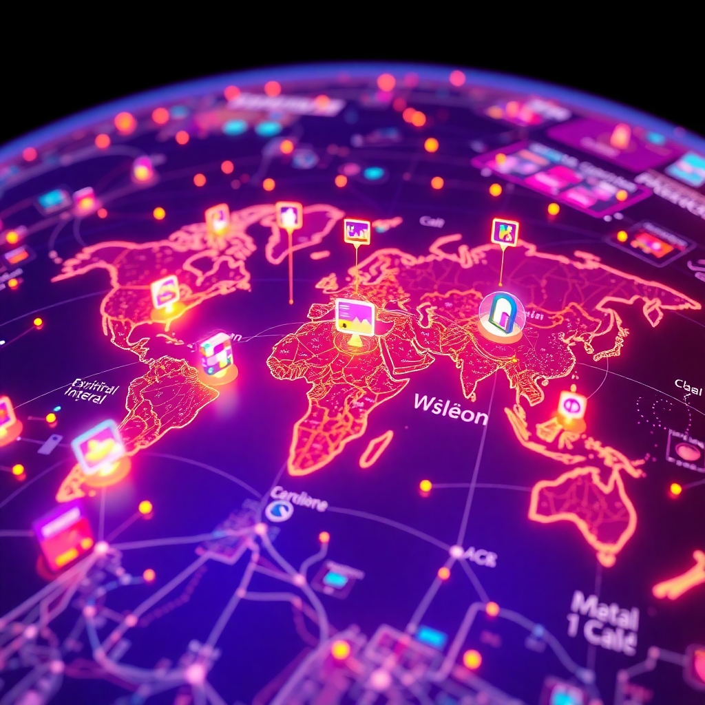 A conceptual visual depicting a global digital map with icons representing virtual exhibitions popping up around the world. The scene should be vibrant and high-tech, with glowing connections showing accessibility. The lighting should be bright, symbolically representing the reach of the internet. The map should be interactive, with 3D rendered buildings and exhibition spaces. Style references may include futuristic geographic visuals. Technical specs: 8K resolution, hyperrealistic.