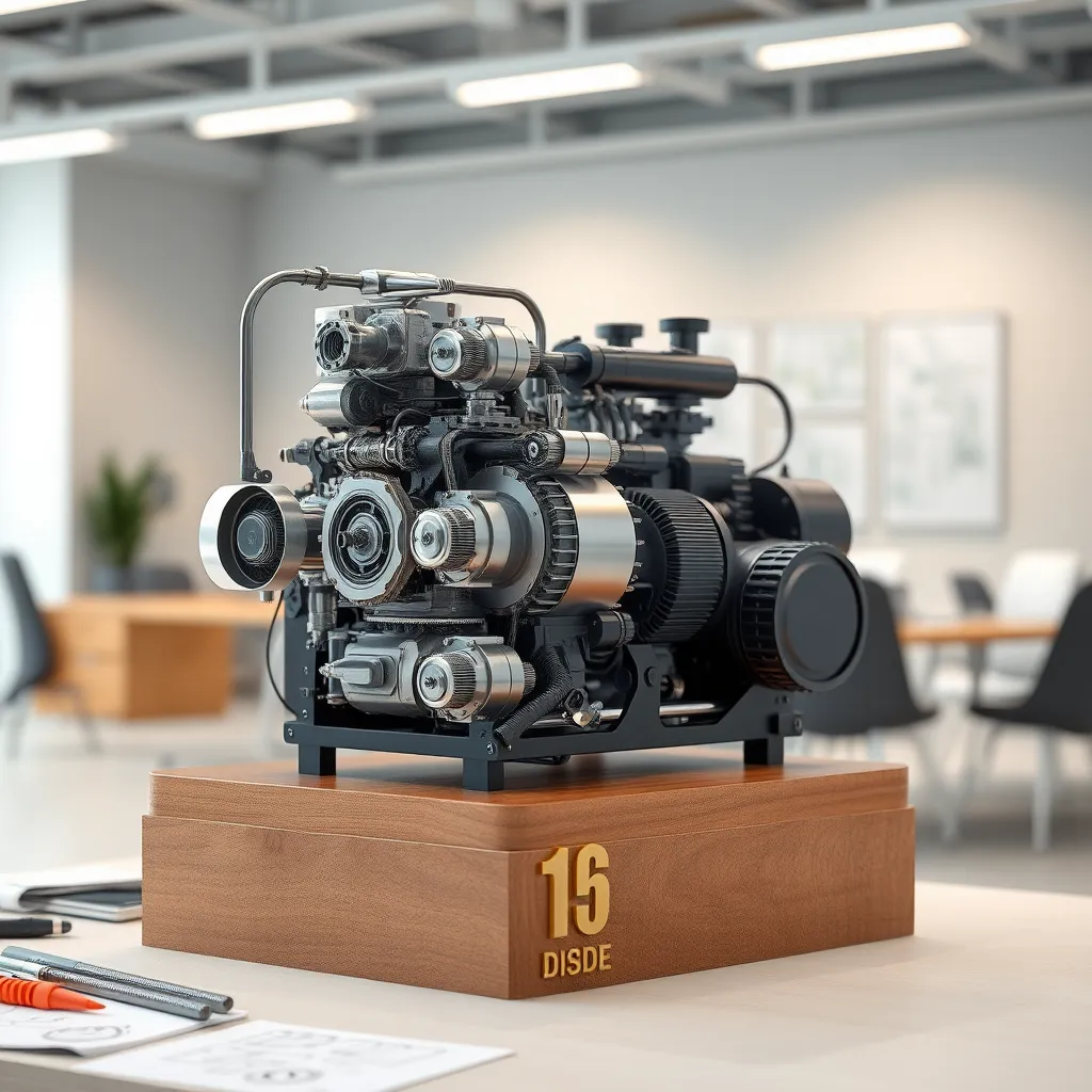 A detailed 3D industrial model showcasing a complex machinery layout in a sleek, modern design. The model is to be displayed on a polished wooden pedestal, with soft diffused lighting that highlights the intricate details of the machinery components. The color palette should feature metallic silver and matte black finishes, conveying a sense of innovation and professionalism. The camera angle should be slightly elevated to capture the model from a dynamic perspective, emphasizing depth and dimensionality. Textures should include smooth metals, finely crafted plastics, and natural wood grains on the pedestal. The background should be a minimalist office setting, with blurred elements that suggest a business environment. Incorporate subtle props like design sketches and tools used in the modeling process. The image should be hyperrealistic, rendered in 8K resolution, showcasing ultra-detailed textures, in the style of contemporary industrial design photography.