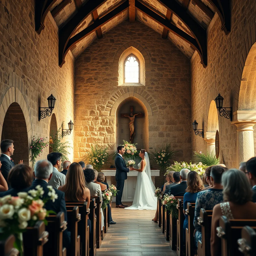 A detailed, photorealistic depiction of a wedding ceremony in a small, ancient church in Provence. The church should have rustic stone walls, surrounded by a blooming garden. The bride and groom are exchanging vows, with guests seated on wooden pews.