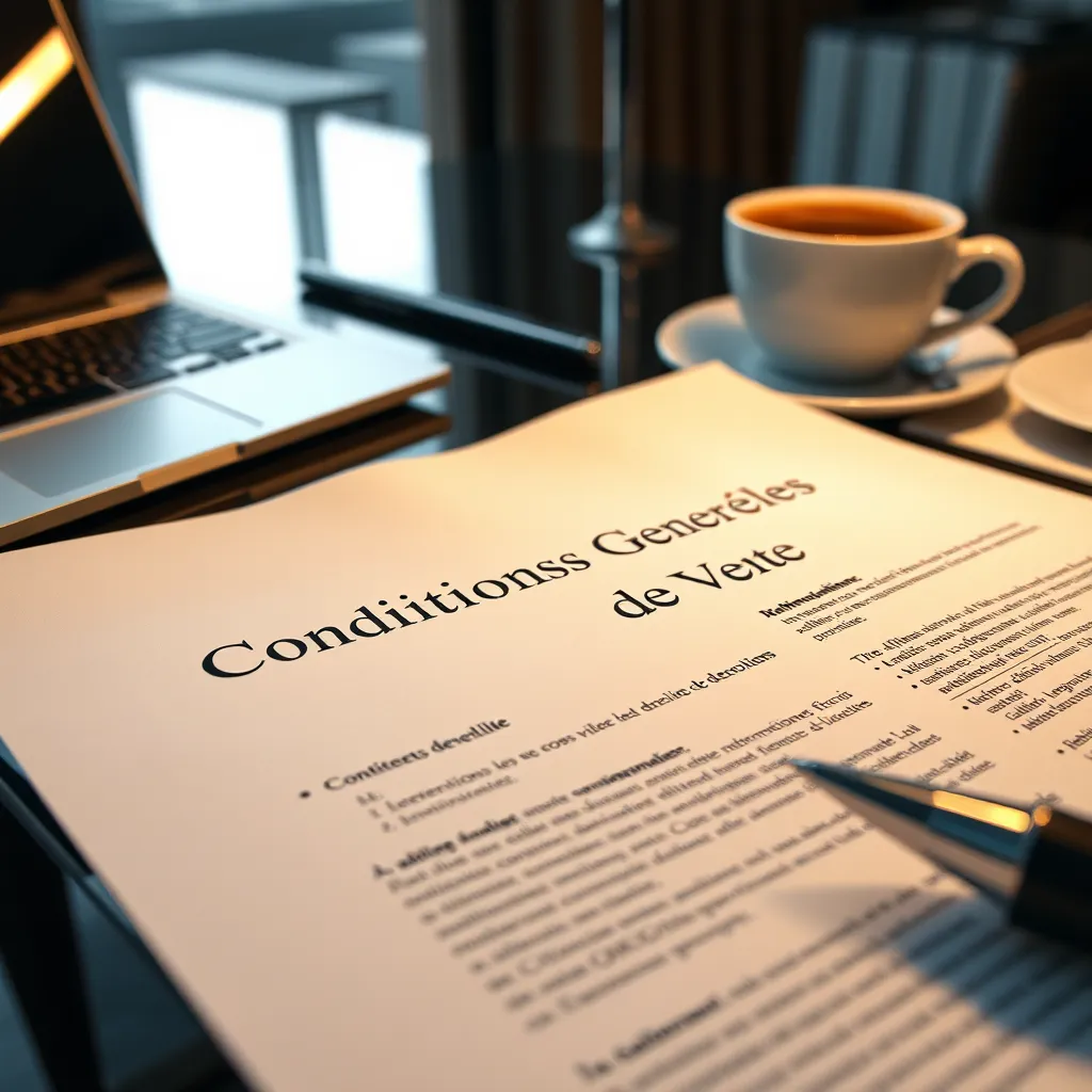 A detailed close-up of a contract document on a desk, showing clearly visible sections labeled 'Conditions Générales de Vente'. The setting should be an elegant office ambiance with a laptop, pen, and a cup of coffee nearby, signifying a serious business discussion.