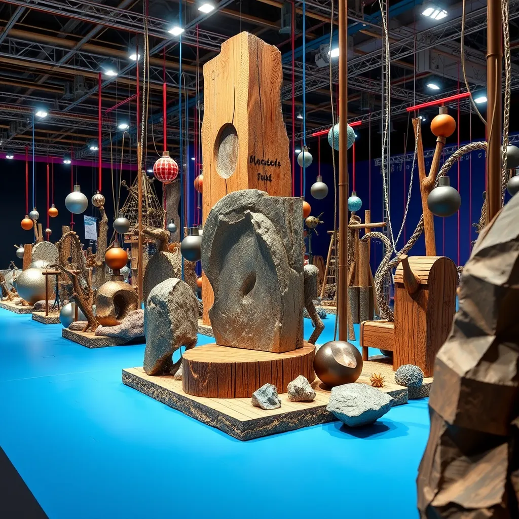 A dynamic and interactive display of sensory assemblies made from various materials such as metal, wood, and stone. The setup should be visually engaging, with textures that invite touch, and a vibrant color scheme that captivates viewers.