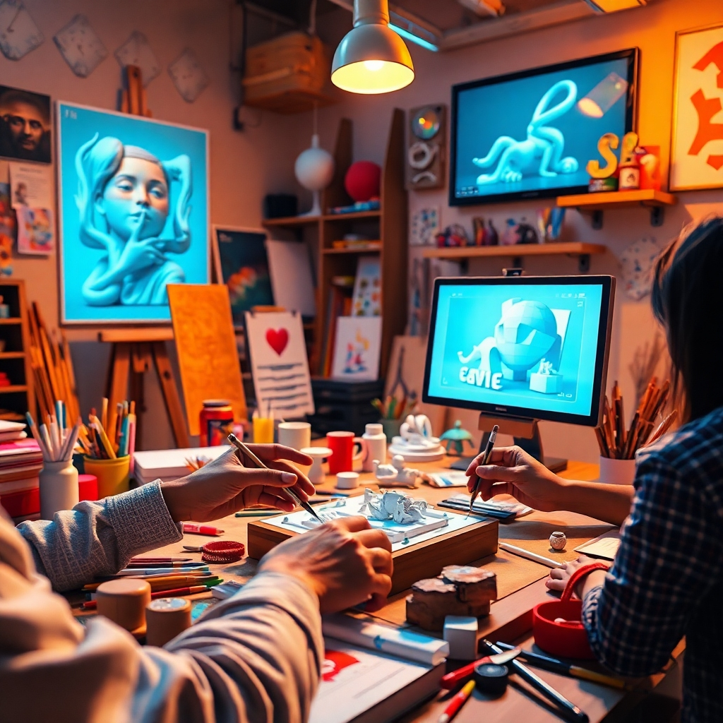 A dynamic visual illustrating a creative workshop environment where artists are actively engaging with 3D models. The scene should be vibrant with various art supplies scattered around, creating a lively atmosphere. The lighting should be warm and inviting, emphasizing the passion of the artists at work. The composition should include close-up shots of hands working on 3D designs and digital screens displaying their artworks in a virtual context. Style references may include modern art installations. Technical specs: 8K resolution, hyperrealistic.