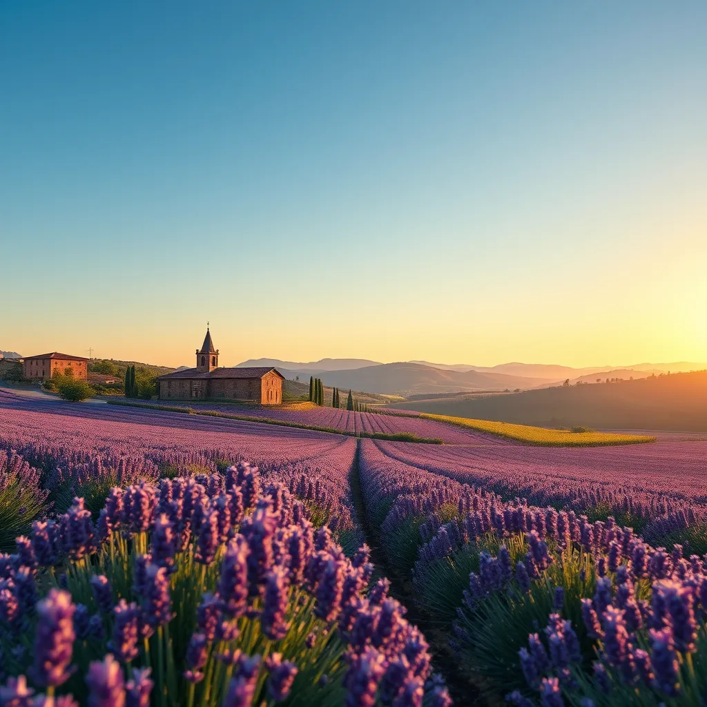 A high-quality, photorealistic image of a picturesque Provence landscape with endless lavender fields in bloom, old stone farmhouses, and rolling vineyards under a clear blue sky at golden hour. The scene should evoke tranquility and romance.