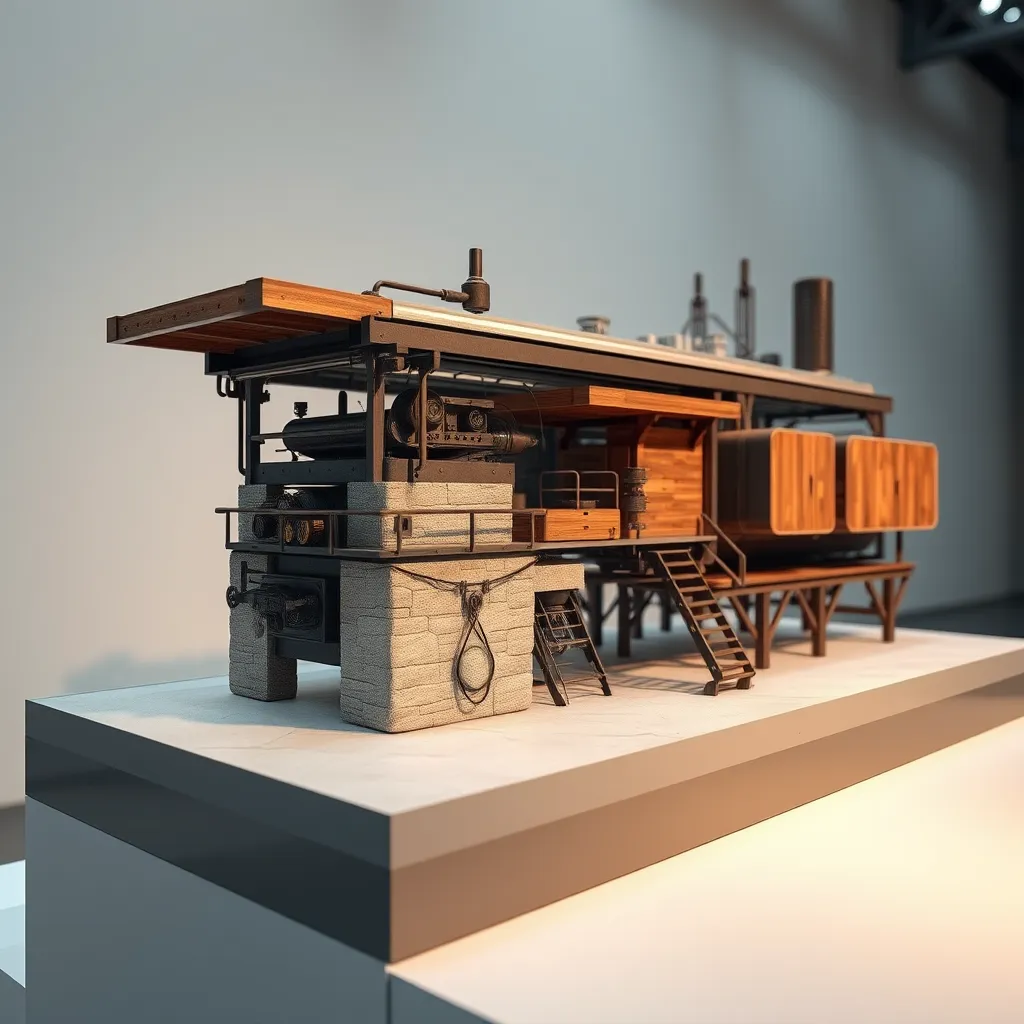 A high-quality photorealistic image showcasing a custom industrial model, featuring a combination of materials like metal, wood, and stone. The model should be displayed on a sleek exhibition stand, highlighting intricate details and textures, under soft lighting.