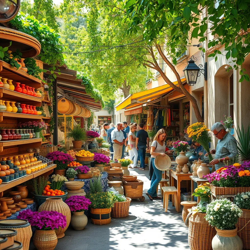 A high-resolution, photorealistic image of a local Provencal market. Stalls are filled with colorful handmade pottery, fragrant soaps, and woven baskets. A local artisan is seen skillfully crafting a piece of pottery at his booth, surrounded by vibrant flowers and fresh produce. The market is bustling with people, with sunlight filtering through the trees overhead, casting dappled shadows on the scene.