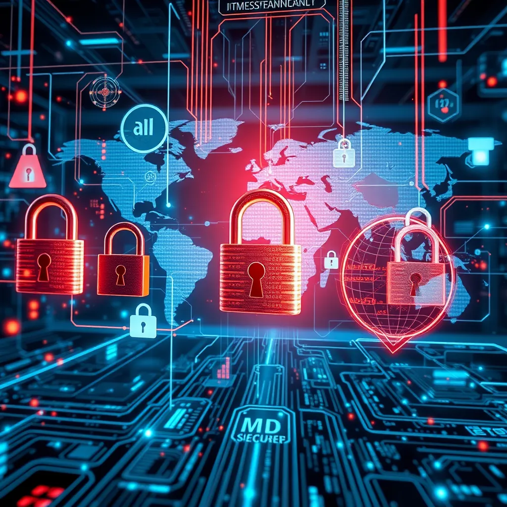 A highly secure digital environment showcasing a complex data encryption process. Visual elements include locks, digital shields, and abstract representations of data flow, with a global map in the background indicating international reach.