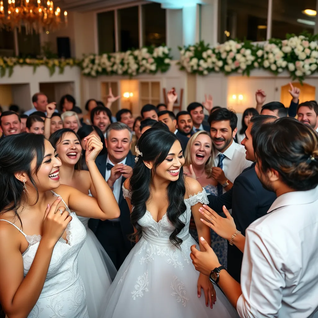 A lively wedding scene showcasing a diverse group of guests laughing, dancing, and celebrating, with candid moments like a tearful bride and joyful guests, in a beautifully decorated venue filled with flowers and soft lighting.