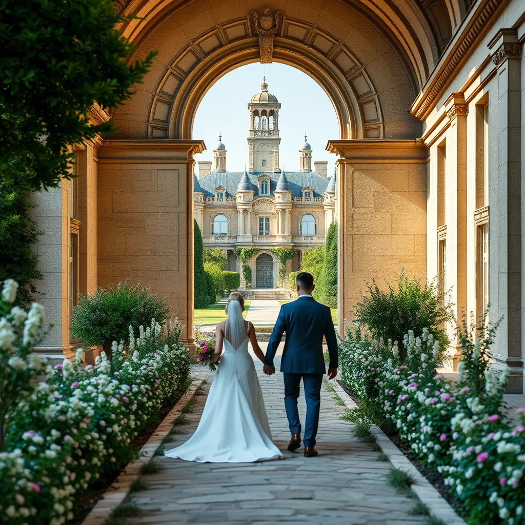 A majestic, ancient château in Provence, with a grand archway and lush gardens; a bride and groom walk hand in hand down a stone pathway lined with blooming flowers and historical architecture in the background.