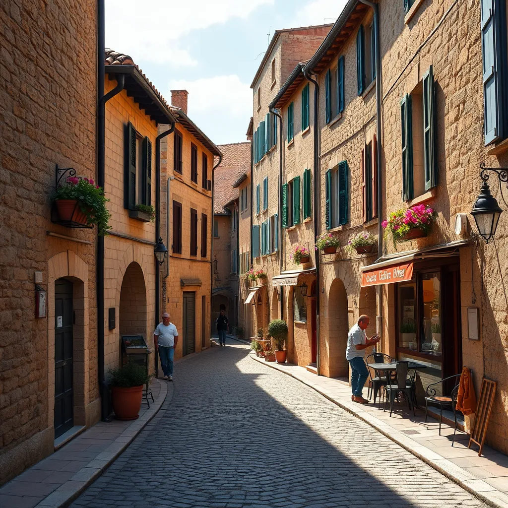 A narrow cobblestone street in a medieval village in Provence, lined with stone houses with terracotta roofs, colorful window shutters, and flower pots hanging from the windowsills. The warm sunlight casts soft shadows, and a few locals are seen walking or sitting at a café.