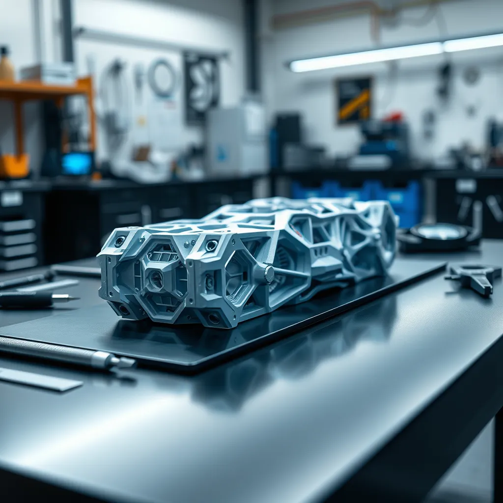 A photorealistic 3D rendering of a detailed prototype model on a sleek black table, showcasing intricate geometries and textures. Soft diffused lighting highlights the contours, creating shadows that accentuate depth. The color palette should feature metallic blues and vibrant whites, evoking innovation and technology. The camera angle is slightly elevated, focusing on the prototype while capturing the surrounding workspace lightly blurred in the background. Include high-tech tools like calipers and 3D scanners beside the prototype to emphasize the engineering aspect. The setting has a clean, modern workshop feel, with subtle reflections on surfaces. The image should be hyperrealistic, showcasing meticulous details, and formatted in 8K resolution for clarity.