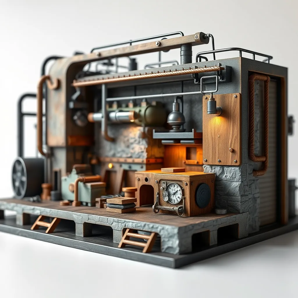 A photorealistic 3D rendering of a miniature industrial model showcasing different textures and materials like metal, stone, and wood, integrated into a visually striking design, with intricate details and a professional setting that emphasizes craftsmanship.