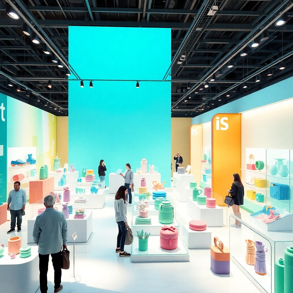 A photorealistic header image depicting a modern virtual exhibition space filled with vibrant 3D models. The composition should include diverse products displayed in an interactive environment with users engaging with them. Bright, natural lighting should enhance the colors, with a palette that includes soft blues and greens. The camera angle should be slightly elevated, showcasing depth in the virtual space. Textures should be detailed, highlighting the quality of the 3D models and the sleekness of the virtual interface. The environment should feel spacious and inviting, ideal for an exhibition. Style references can include contemporary digital art. Technical specs: 8K resolution, hyperrealistic.
