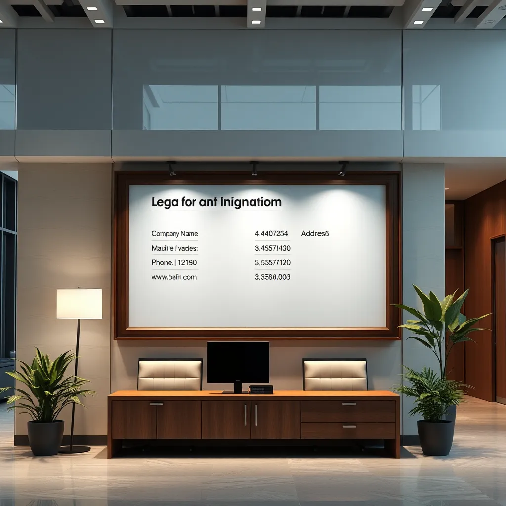 A photorealistic image of a modern office space featuring a large display board with legal information prominently displayed. Include details like a company name, address, phone number, and website. The environment should exude professionalism and clarity.