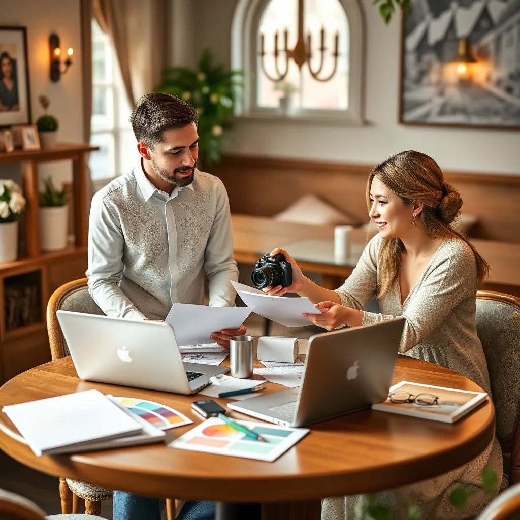 A photorealistic image of a wedding planning meeting between a couple and a photographer. The setting should be a cozy cafe with notebooks, laptops, and color palettes laid out. The couple is discussing their preferences with an attentive photographer, conveying a sense of customization and personal touch.