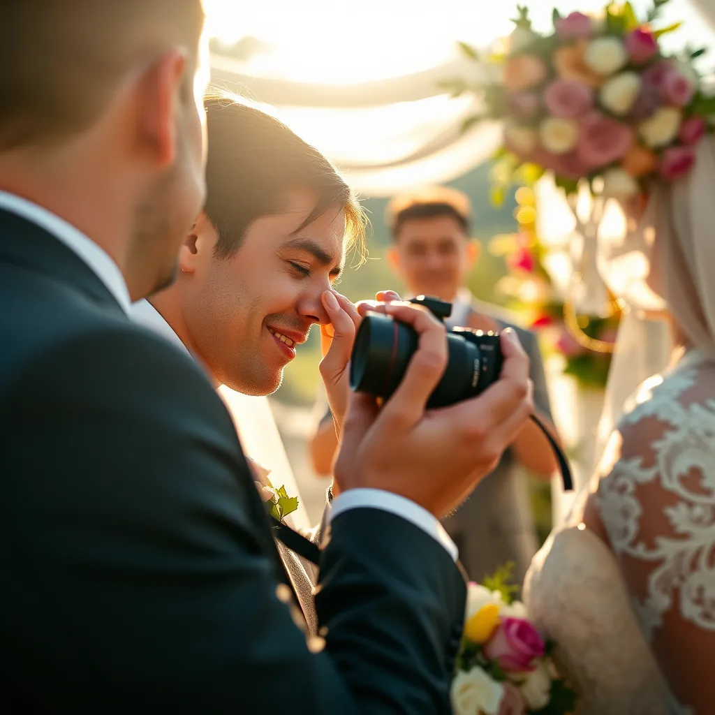 A photorealistic image of a wedding photographer capturing an emotional moment during a wedding. The scene should feature a bride wiping away tears of joy while gazing at her partner, with vibrant floral decor in the background. Sunlight should create a warm atmosphere, highlighting the emotional connection.