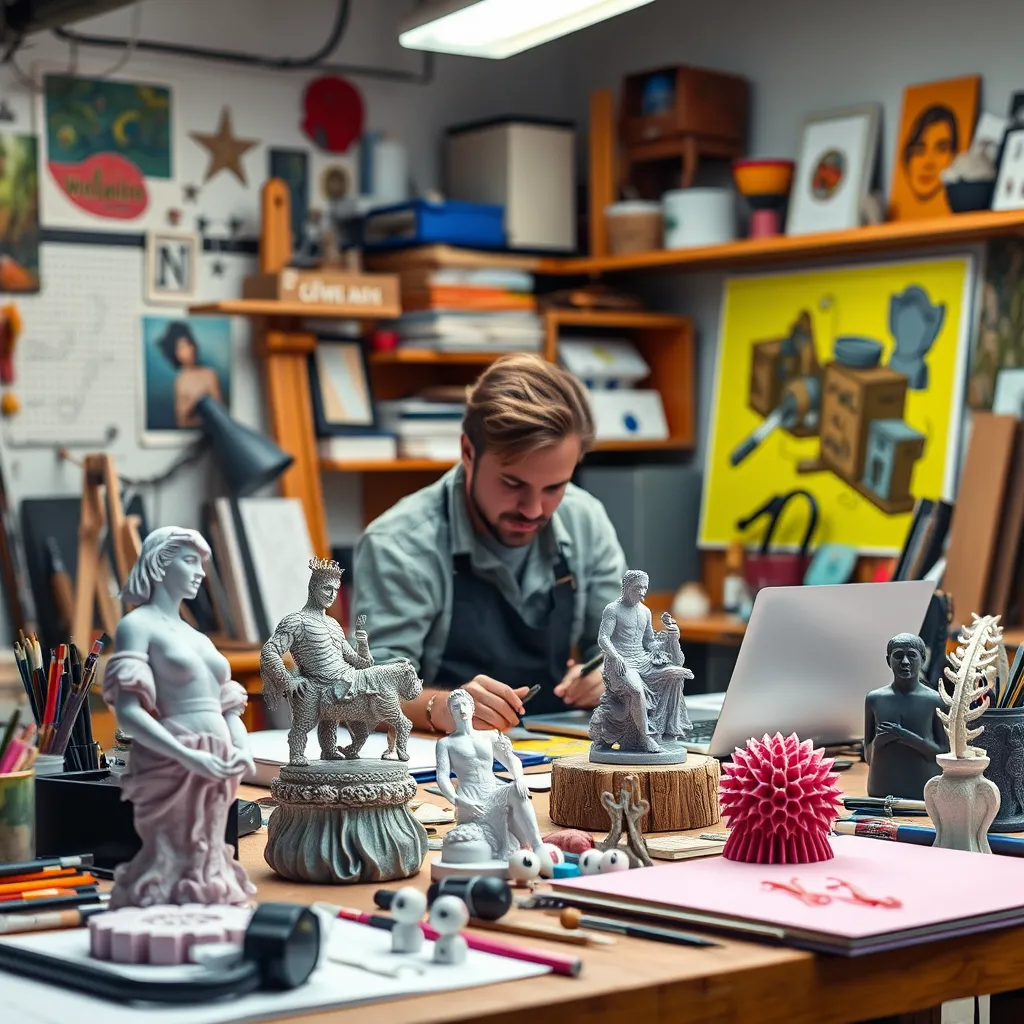 A photorealistic image of an artist's studio featuring unique 3D printed art pieces and customized communication objects. The scene is vibrant and creative, with an artist actively engaged in designing, surrounded by tools and materials that reflect artistic expression.
