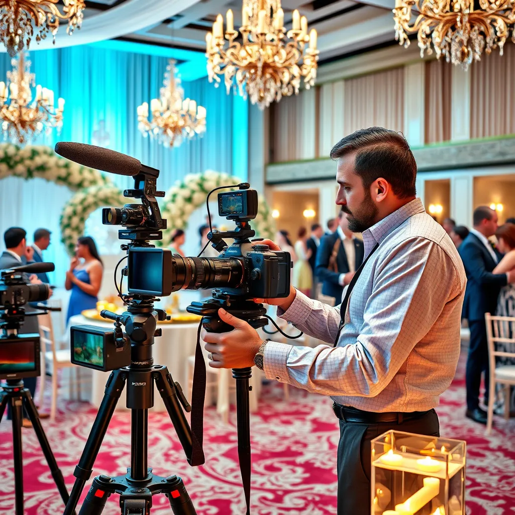 A photorealistic image showcasing a professional photographer setting up his camera at a wedding venue. The scene should include various camera equipment, beautifully arranged wedding decor, and guests mingling, with a focus on the advanced technology and skill involved in capturing high-quality images.