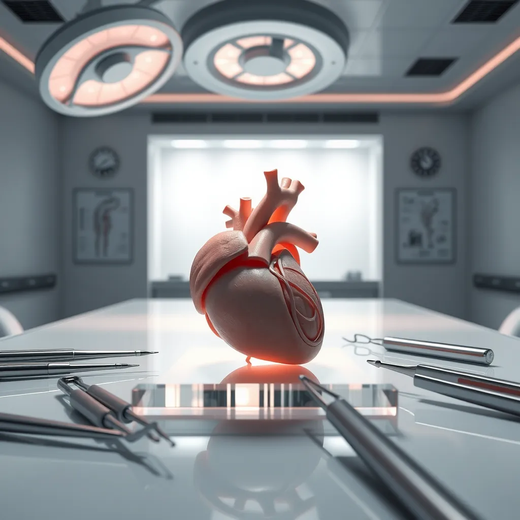 A photorealistic visualization of a 3D-printed anatomical model of a human organ on a transparent acrylic table, surrounded by medical tools like scalpels and forceps. Dramatic side lighting creates a contrast between the model's intricate details and the sterile backdrop of a modern medical facility. The color palette should include blush pinks for the model, alongside cool whites and grays for the setting, evoking a clinical and innovative mood. The perspective is focused closely on the model, showcasing a high level of detail in textures. Environmental elements include a softly glowing surgical light overhead and educational diagrams mounted on the walls. The style should reflect contemporary medical illustrations, presented in ultra-detailed 8K resolution.