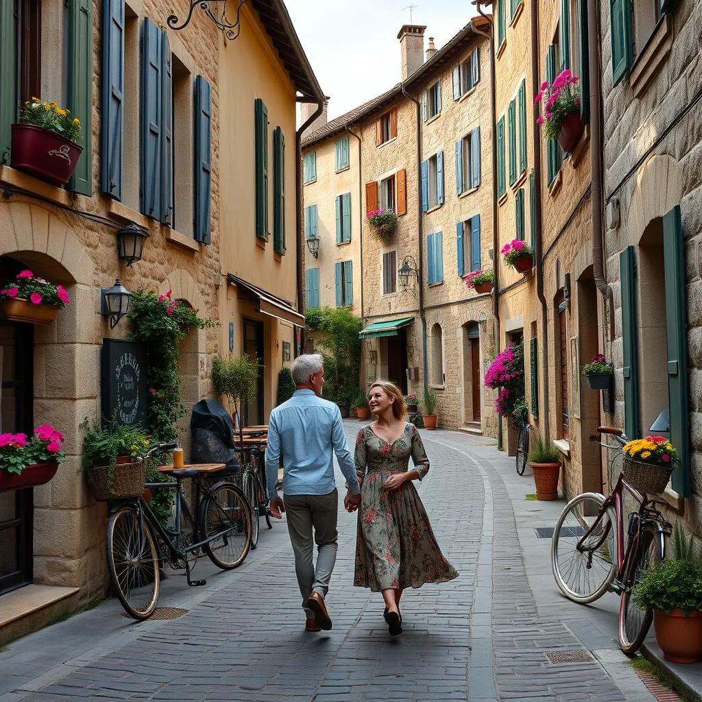 A picturesque Provençal village with narrow cobblestone streets, stone houses with colorful shutters, and vibrant flowers in window boxes. The couple strolls hand-in-hand through the streets, sharing a moment in front of a quaint café, with a vintage bicycle leaning against the wall.