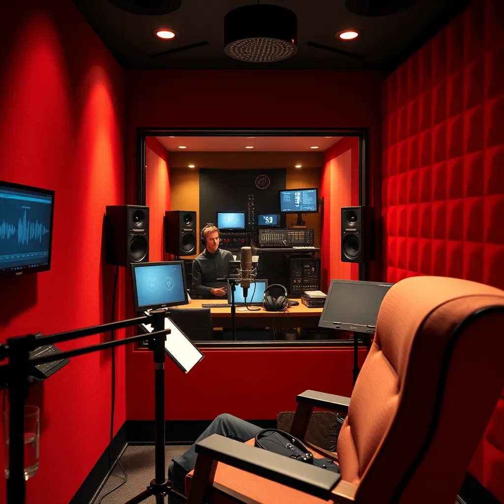 A professional dubbing studio scene focusing on the voice-over process for a high-quality production. The main subject should be a voice actor in a soundproofed recording booth, speaking into a high-end microphone. The booth should have acoustic foam panels for soundproofing and a clear window through which the director and sound engineer can be seen in the control room. The lighting should be soft and evenly distributed, focusing on the actor's face and the recording equipment. The color palette should feature warm, inviting tones like reds, oranges, and browns, creating a cozy and professional atmosphere. The camera angle should be from inside the booth, capturing the actor’s focused expression and the detailed setup of the recording equipment. Texture and material details should include the soft acoustic foam, the sleek surfaces of the recording equipment, and the comfortable, padded chair. The background through the window should show monitors displaying sound waves and dials. Additional props could include a script stand, headphones, and a glass of water. The style should be highly realistic and detailed, akin to the work of renowned cinematographer Roger Deakins. Technical specifications: 8K resolution, hyperrealistic, ultra-detailed.
