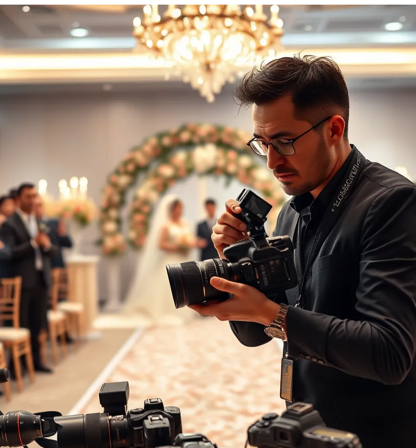 A professional photographer in action, adjusting their camera settings during a wedding event, with various photography equipment laid out around and wedding decorations visible, while providing a clear glimpse of the couple's beautifully decorated ceremony.