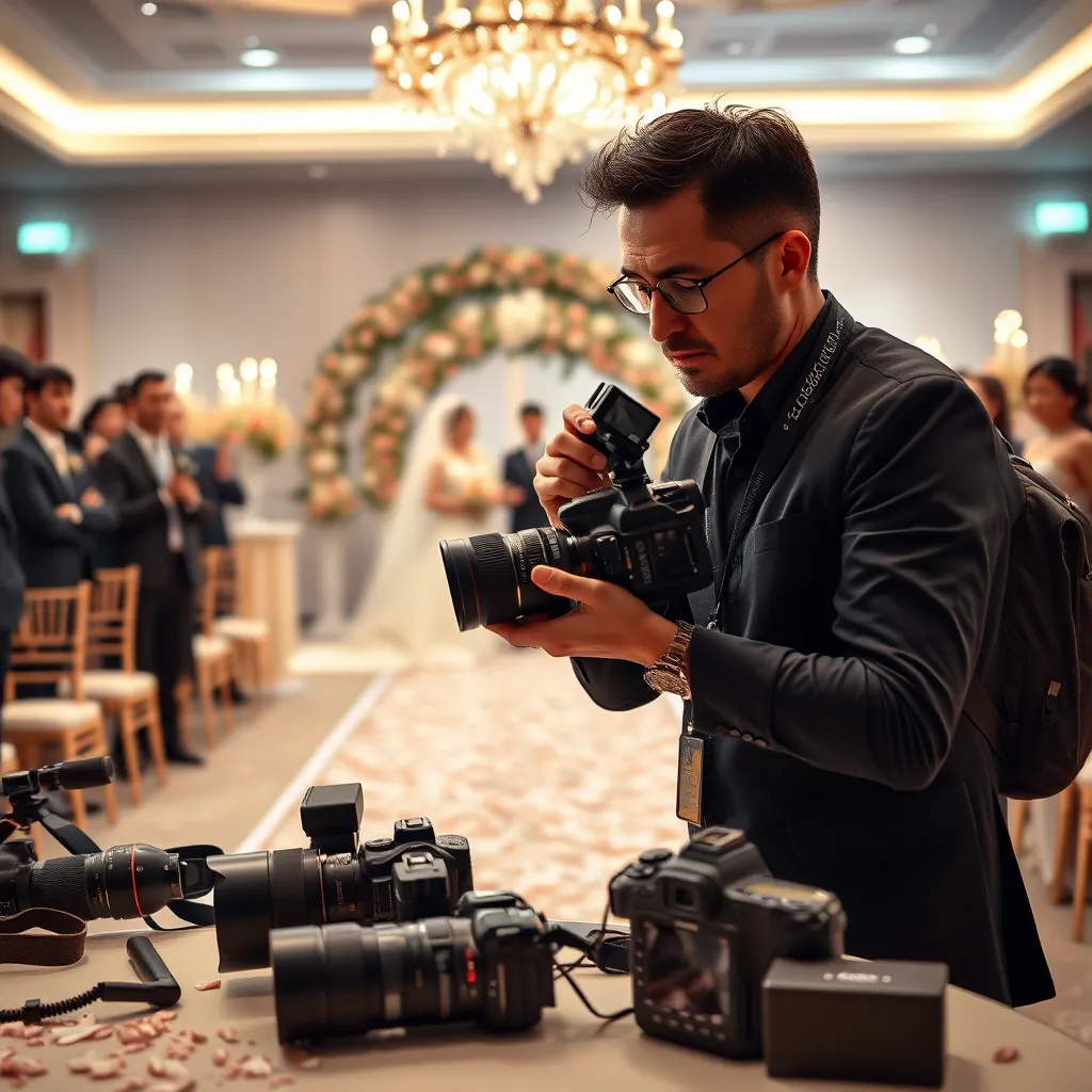 A professional photographer in action, adjusting their camera settings during a wedding event, with various photography equipment laid out around and wedding decorations visible, while providing a clear glimpse of the couple's beautifully decorated ceremony.