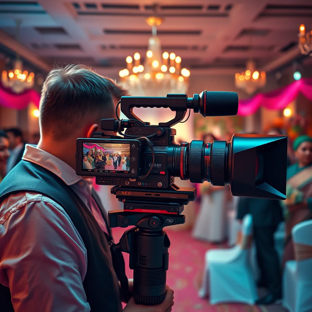 A professional videographer capturing stunning wedding moments with a high-quality video camera. The background shows a wedding venue with guests celebrating, surrounded by vibrant decorations, illustrating the lively atmosphere of the event.