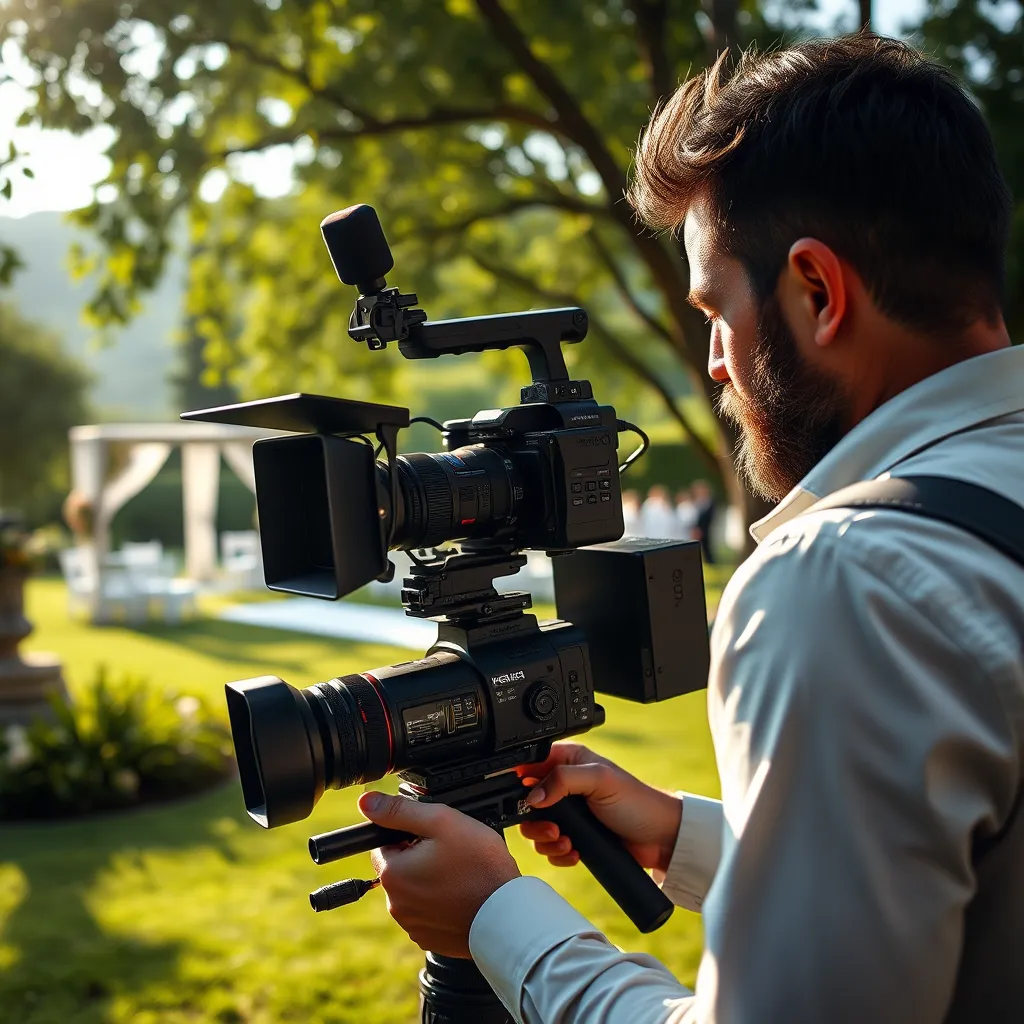A professional videographer setting up a high-end camera in a picturesque outdoor wedding setting, with lush greenery and soft sunlight. The focus should be on the videographer adjusting his equipment with the wedding venue beautifully in the background.