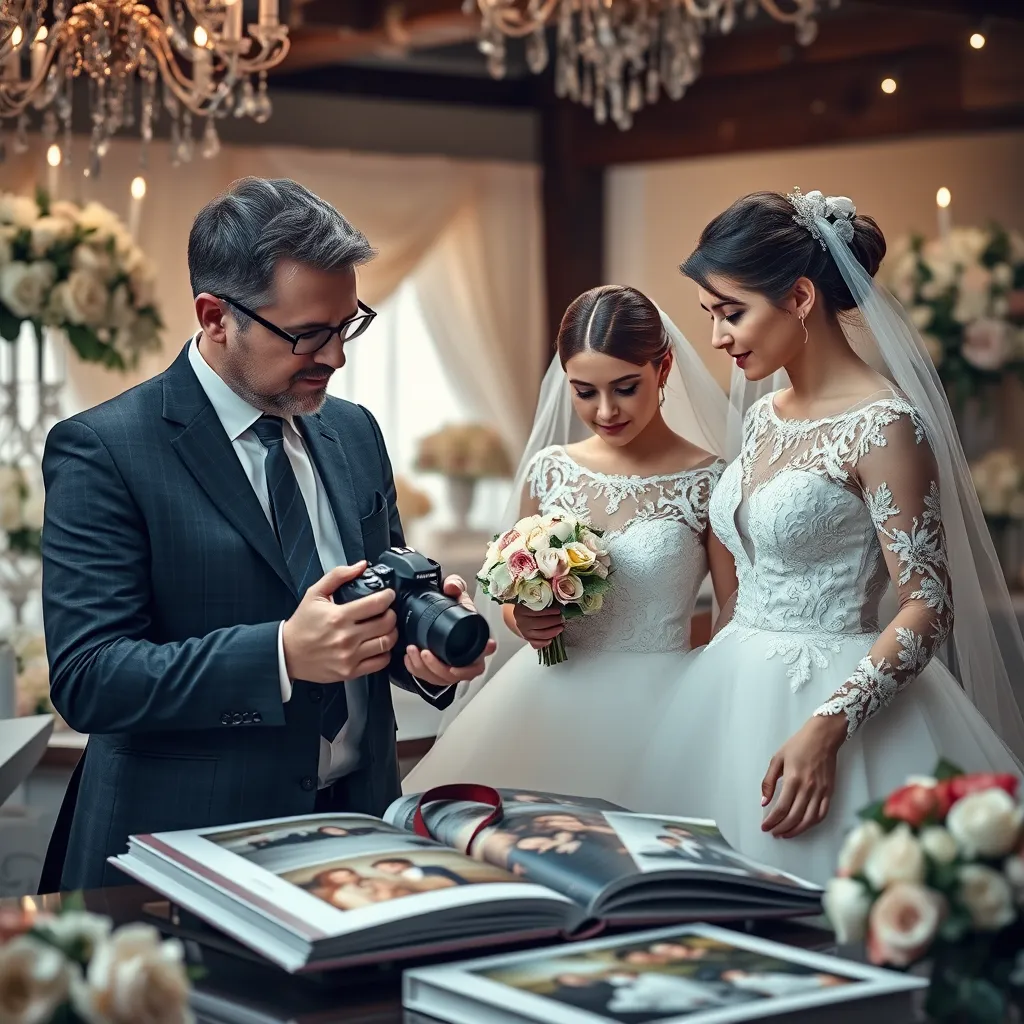 A professional wedding photographer discussing details with a bride and groom, surrounded by wedding album samples. The atmosphere should convey professionalism and attention to detail, with a backdrop of wedding decorations and floral arrangements.