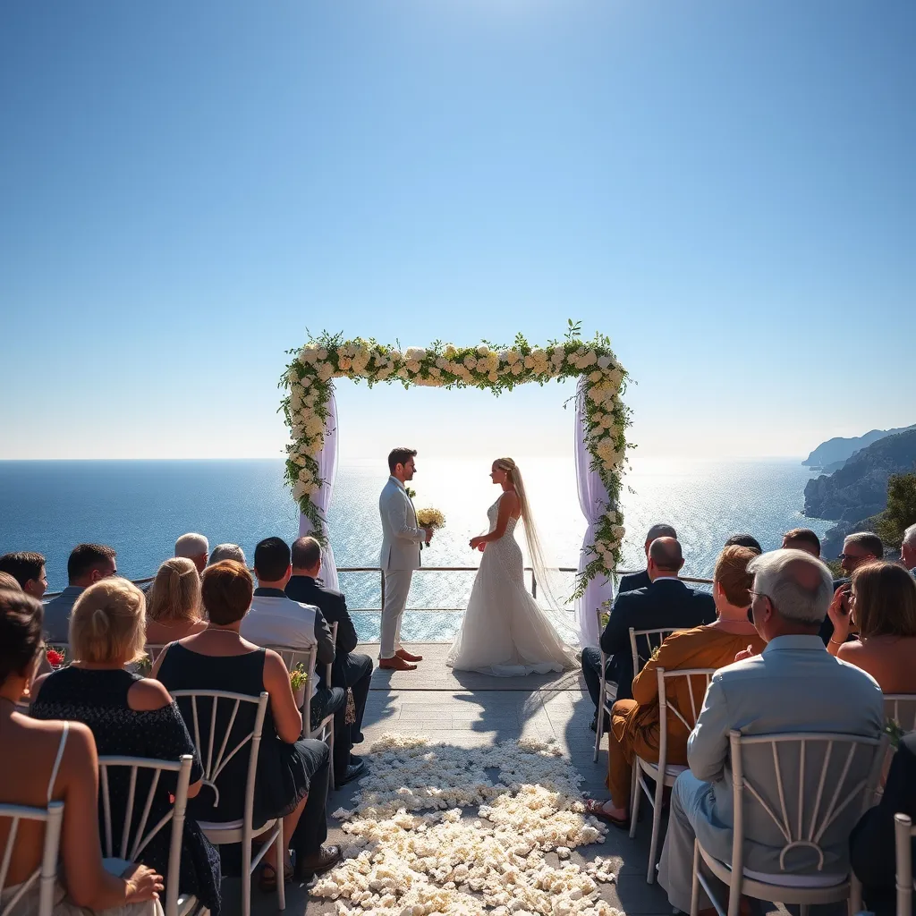 A romantic wedding ceremony on a cliff overlooking the sparkling Mediterranean Sea along the Côte d'Azur. The bride and groom stand under a floral arch, with the ocean and a clear blue sky in the background. Guests are seated, watching the couple, with elegant decorations and natural beauty enhancing the setting.