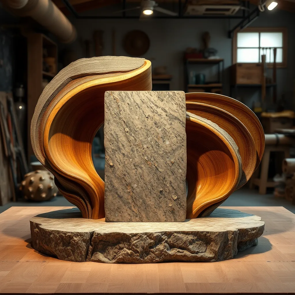 A sensory installation composed of layered materials including polished stone, soft wood, and textured metals arranged in a harmonious composition. The display features a central focal point, a smooth granite block, surrounded by fluid wooden forms that undulate around it. Soft diffused lighting envelops the assembly, creating a warm and inviting atmosphere. The color palette should incorporate earth tones blended with metallic hues, suggesting a connection to nature and craftsmanship. The perspective should be straight-on, allowing viewers to appreciate the intricate details of material interaction. Textures should contrast between the cool, hard stone and the warm, fibrous wood. The background should be a softly lit artisan workshop, with tools and raw materials subtly visible. Aim for a photorealistic quality, captured in 8K resolution, focusing on ultra-detailed craftsmanship, inspired by contemporary sensory art installations.