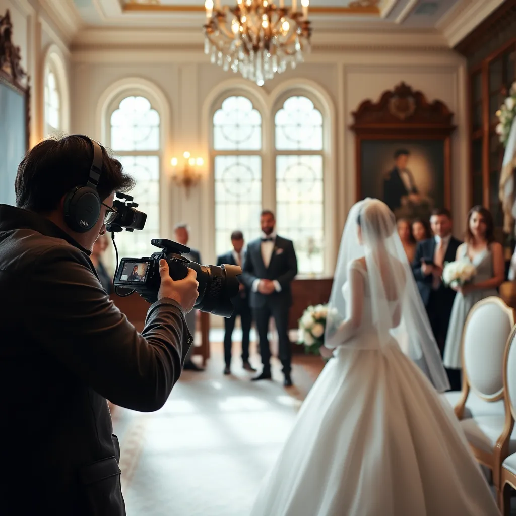 A serene indoor setting with a professional photographer actively capturing a beautiful bride and groom during their wedding ceremony, showing a mix of candid and artistic shots, with soft lighting and rich decor indicating an elegant atmosphere.