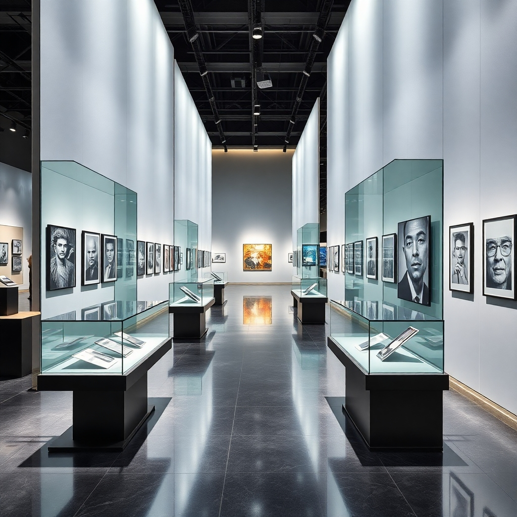 A sleek, modern art exhibition showcasing customized display stands made from high-quality materials like glass and metal. The lighting should create an elegant ambiance, highlighting the details of the exhibits. The composition should include various angles, capturing the texture and finish of the displays. Props such as brochures and interactive screens should enhance the presentation, intertwining the digital with the physical. Style references might include architectural photography. Technical specs: 8K resolution, hyperrealistic.