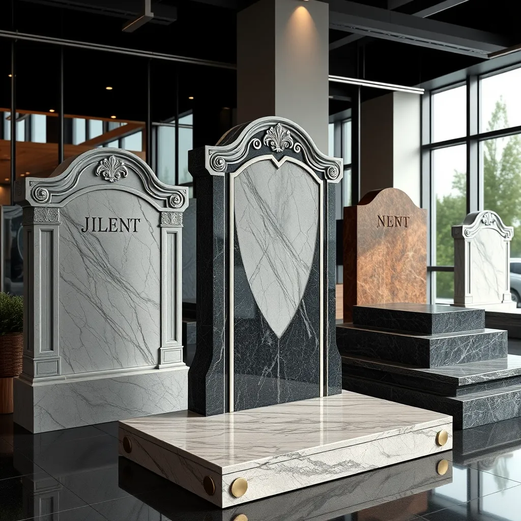 A sophisticated display of custom tombstones featuring a combination of aluminum, steel, and stone. The design should showcase intricate details, elegant finishes, and an artistic integration of these materials, surrounded by a professional business setting.