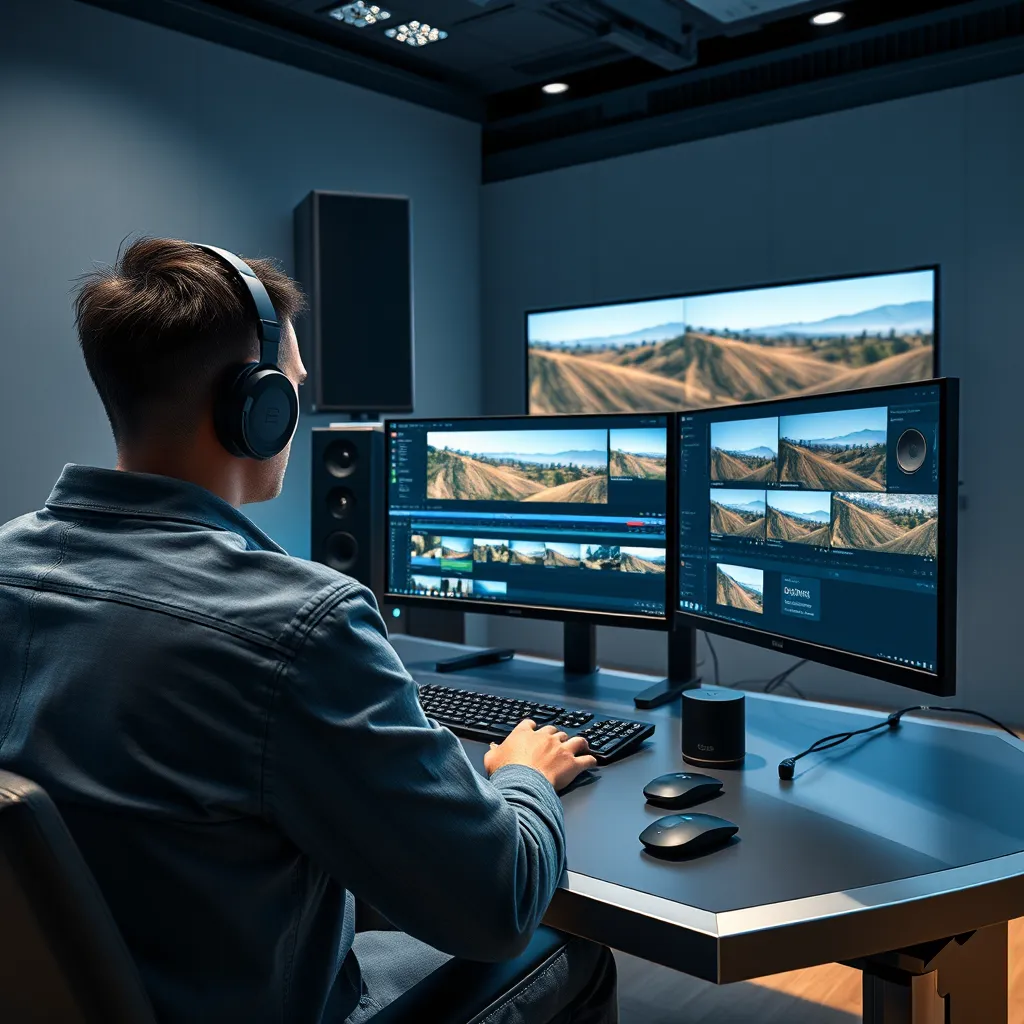 A state-of-the-art video editing studio scene portraying the mastering and editing process of a high-quality video production. The main subject should be a skilled editor working at a sleek, modern editing desk with multiple high-resolution monitors displaying video editing software with a timeline and various clips of the Provence landscape. The lighting should be controlled and studio-like with soft diffused lighting to highlight the workspace without harsh shadows. The color palette should be modern and sleek, with a focus on cool tones like blues and grays, contrasted with the vibrant colors of the video clips on the screen. The camera angle should be over the shoulder of the editor, providing a clear view of the monitors and the intricate details of the editing interface. Texture details should include the metallic finish of the desk, the smooth screens of the monitors, and the clean, organized workspace. Props should include a high-end computer, speakers, and editing control panels. The environment should reflect a professional studio with soundproofing elements in the background. The style should be ultra-modern and photorealistic, in the vein of contemporary tech advertisements. Technical specifications: 8K resolution, hyperrealistic, ultra-detailed.