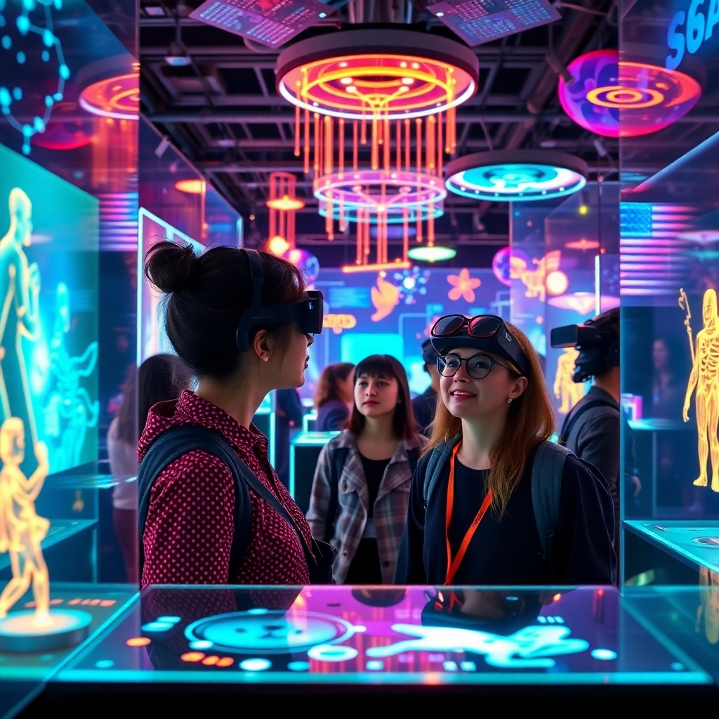 A stunning visual representation of users immersed in a virtual exhibition, exploring various digital displays in a 3D space. The environment should be vibrant with interactive elements, inviting users to engage. The lighting should create a magical feel, with glowing elements and a rich, colorful palette. The camera should focus on users' faces, reflecting wonder and curiosity as they interact with the virtual showcases. Style references may include sci-fi digital designs. Technical specs: 8K resolution, hyperrealistic.