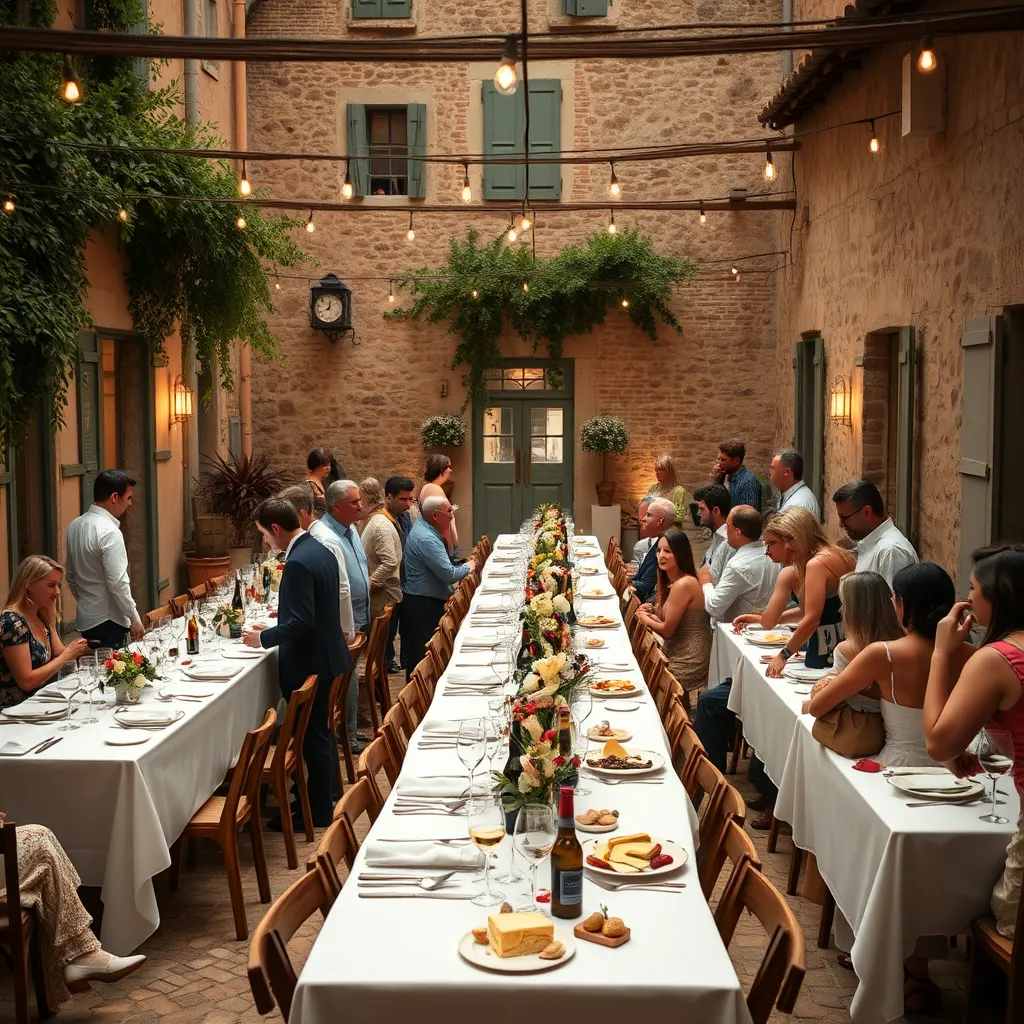 A traditional Provençal wedding celebration in a rustic courtyard, with guests in stylish summer attire, long tables with white tablecloths, vintage string lights, and local culinary delights like olives, cheeses, and wine.