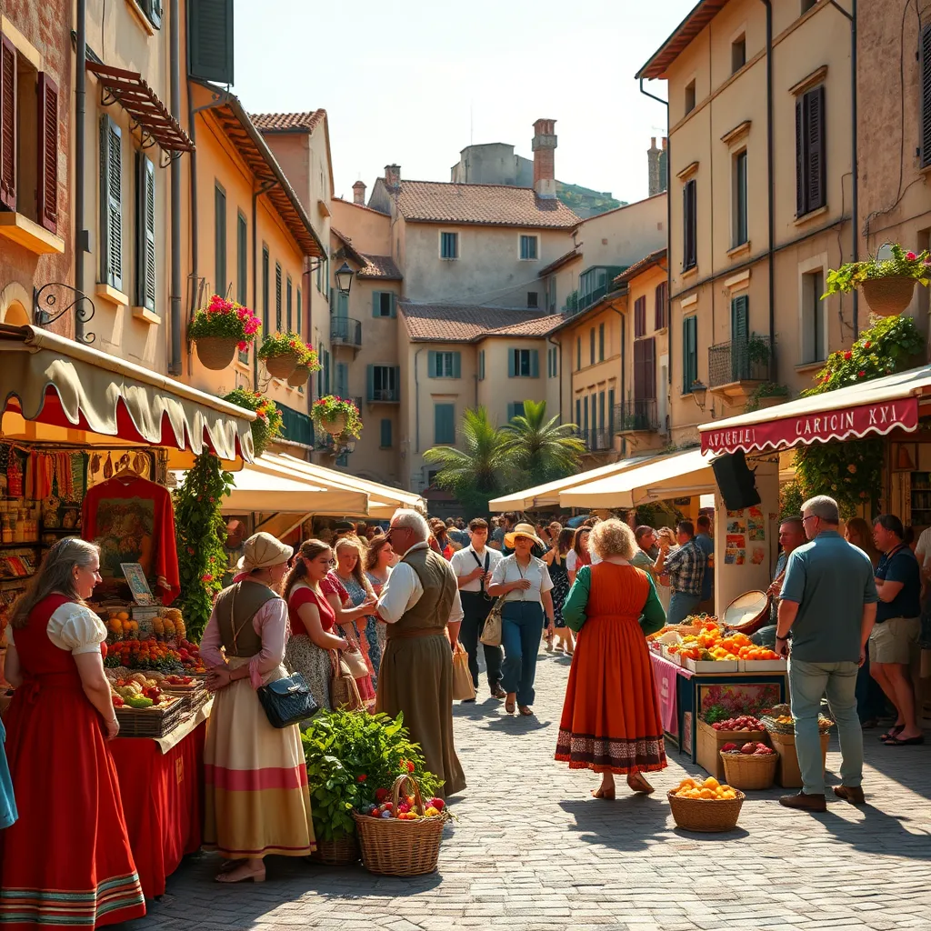 A vibrant, high-quality photorealistic image of a traditional Provençal festival with locals in typical attire, market stalls filled with colorful produce and crafts, and lively music performances in a village square.