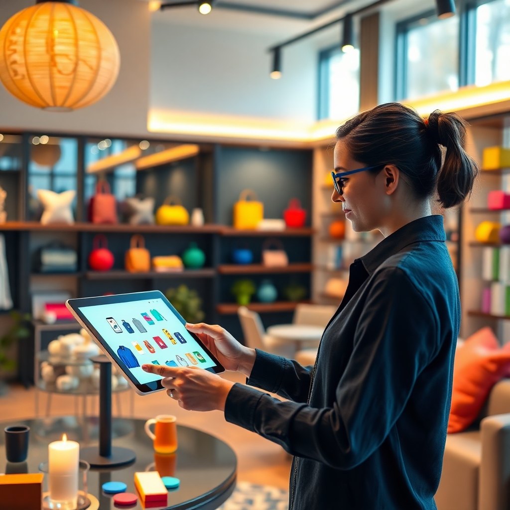 A visual representation of a customer interacting with a virtual showcase on a tablet, surrounded by colorful 3D product displays. The lighting should be bright and engaging, creating an inviting atmosphere. The digital interface should appear user-friendly, with smooth and intuitive navigation. The setting might resemble a cozy living room, blending technology and comfort. Style references could fall under lifestyle photography. Technical specs: 8K resolution, hyperrealistic.