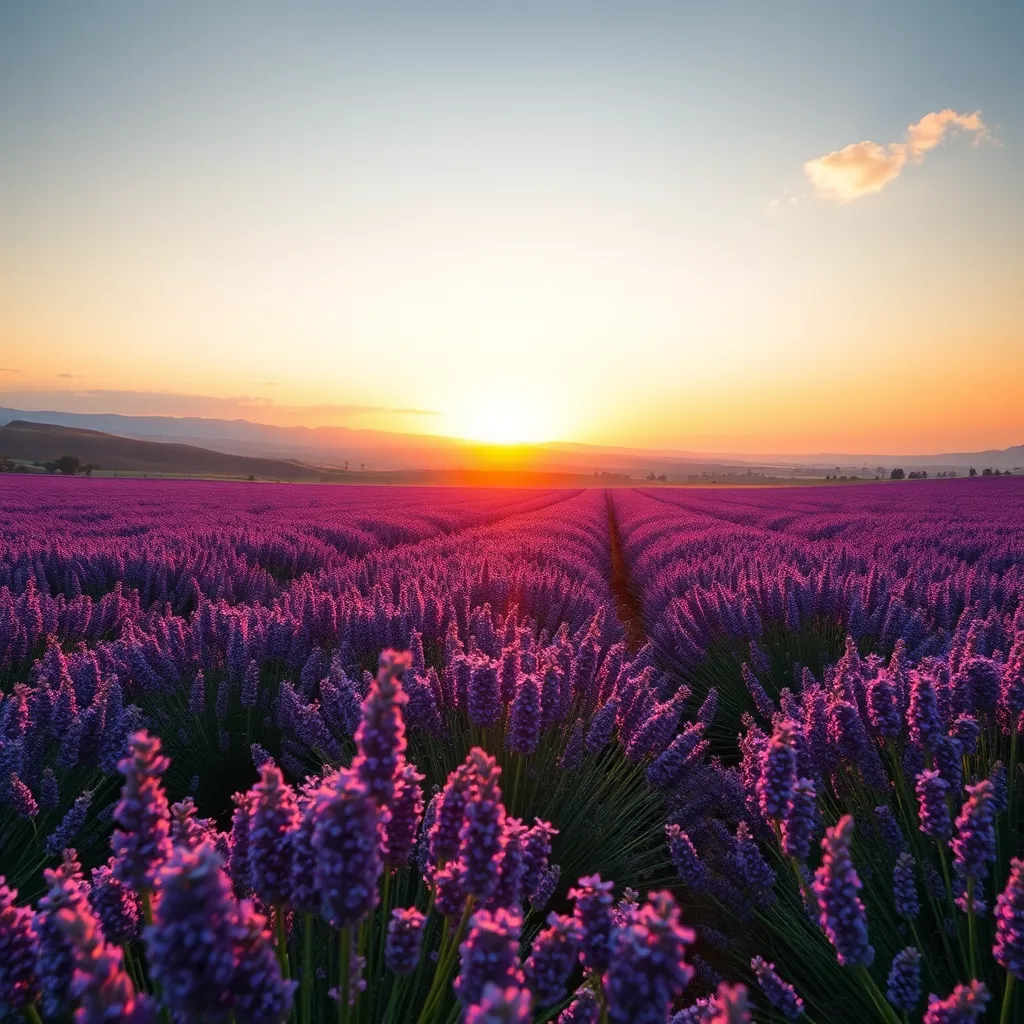  Aerial view of a vast lavender field in full bloom under the golden light of sunset, with the vibrant purple flowers stretching as far as the eye can see. The sky is painted with soft oranges and pinks, and rolling hills are visible in the distance.