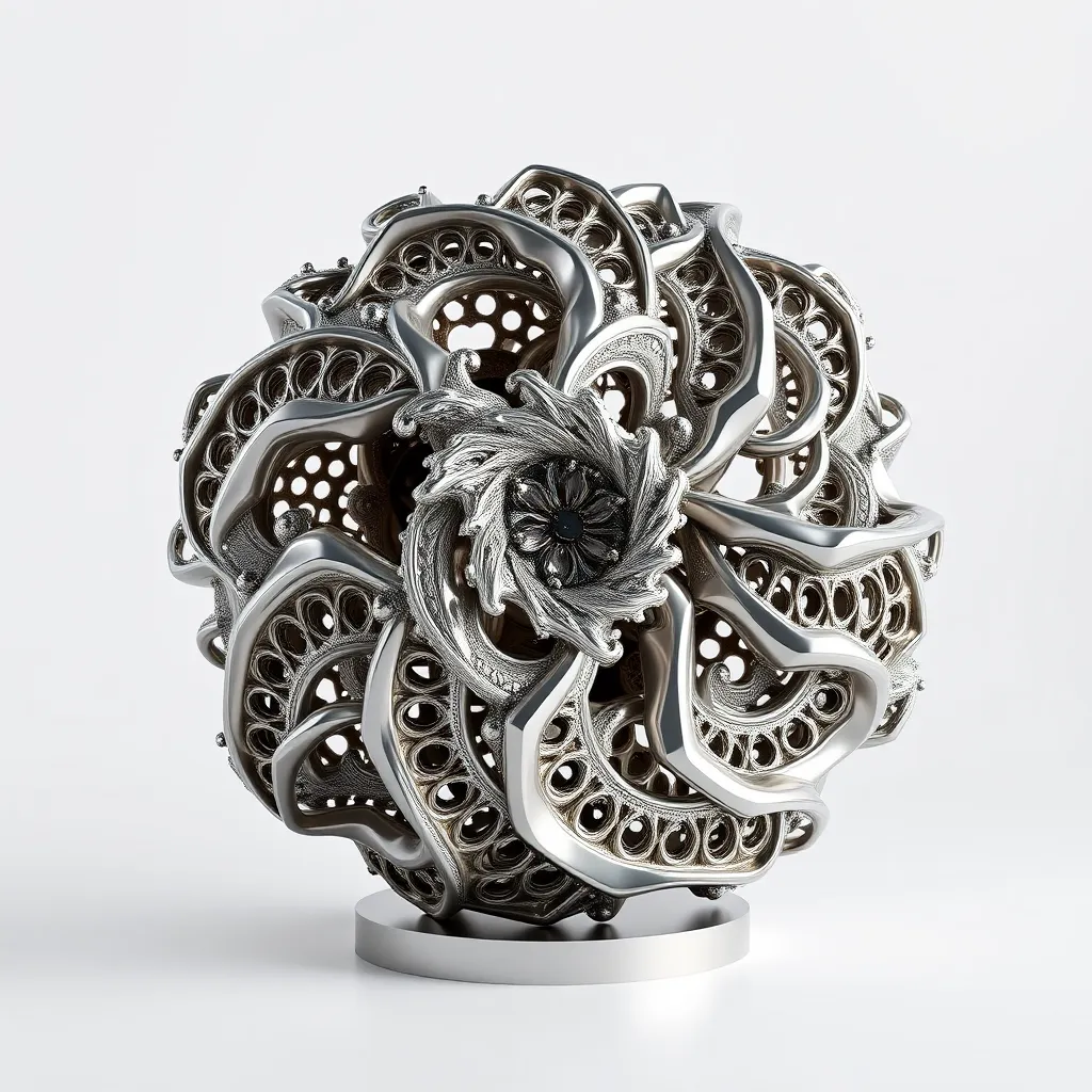 An abstract sculptural piece inspired by fractal geometry, showcasing intricate patterns and repeating designs, made from a combination of 3D printed materials and polished metal surfaces, set against a clean, minimalist background to emphasize its complexity.