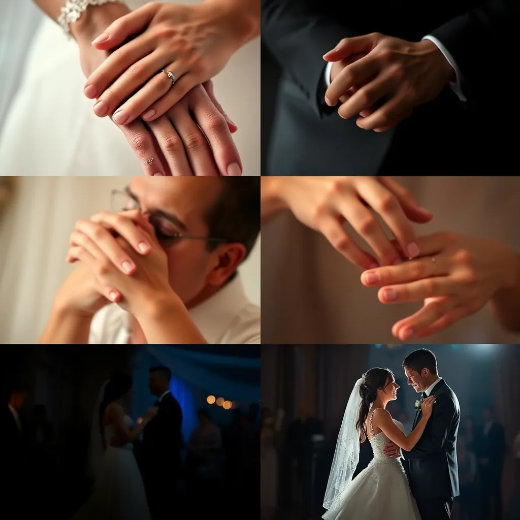 An artistic photo montage displaying a series of images telling a wedding story, including close-ups of hands joining, an emotional parent-child moment, and the couple's first dance, all seamlessly blended together with a soft romantic filter.
