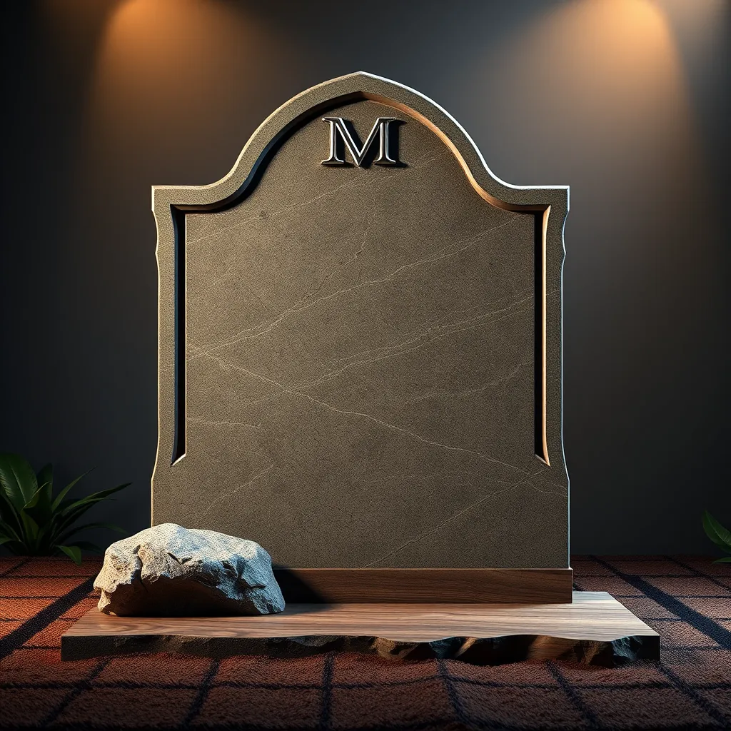 An artistic representation of a custom tombstone featuring a juxtaposition of textures: shiny metal, rugged stone, and smooth wood, beautifully highlighted in a dramatic lighting setup. The composition should evoke a sense of sophistication and creativity.