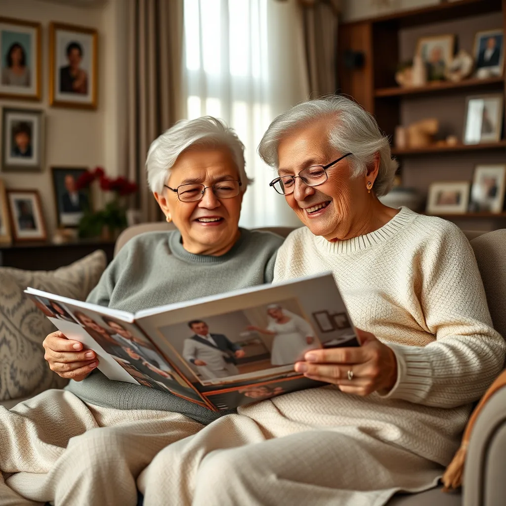 An elderly couple sitting together on a sofa, joyfully flipping through a wedding photo album. The room is cozy with family pictures on the walls, and the couple's faces reflect nostalgia and happiness as they reminisce about the past.
